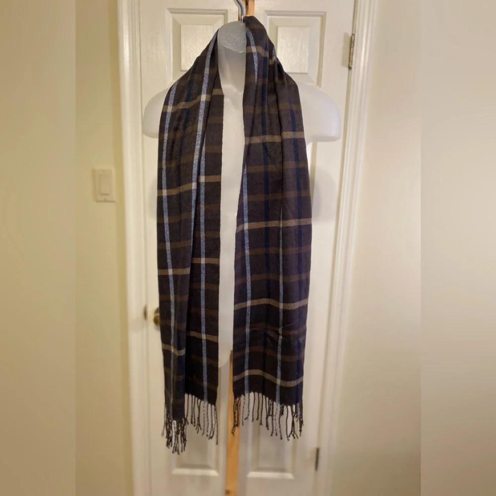 Pierre Cardin VTG Fine Muffler (Cashmillion) brown/blue/cream plaid scarf, 72x12